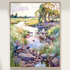 Kansas Country River Landscape Watercolor Painting Art Print, Rustic Home Decor Gift Art, Large Wall Art