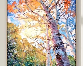 Impresión de acuarela de un árbol al atardecer: pintura de paisaje vibrante, arte natural