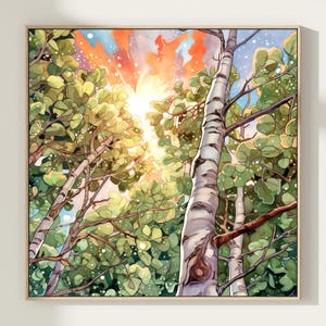 Sunset Maple Forest Painting Art Print, Cozy Home Decor, Trees Wall Art, Gift
