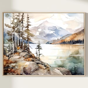Mountain lake watercolor fine art print mountains painting large neutral landscape print minimalist wall art panoramic landsape