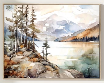 Aquarelprint van een bergmeer: Neutraal landschap, kunstwerk