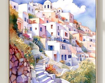 Santorini Watercolor Art Print: Greece Landscape Wall Decor