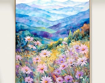 Blue Ridge Mountains Watercolor Landscape Art Print North Carolina Rustic Nature Wall Decor Poster