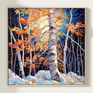 Impresión artística de paisaje de bosque de abedules en acuarela, impresión de cielo nocturno, decoración de pared de bosque nevado
