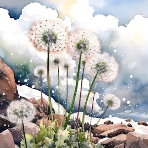 Dandelion watercolor painting square art print farmhouse wall art floral landscape poster home decor gift art