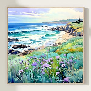Monterey Bay Watercolor Painting California Coast Art Print Ocean Shore Artwork Wildflowers Landscape Beach House Wall Decor Gift