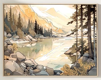 Mountain Lake Watercolor Art Print: Rustic Nature Wall Decor