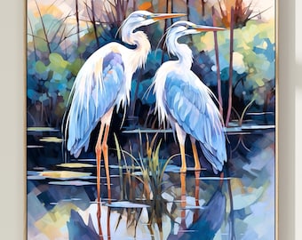 Blue Herons Watercolor Print, Nature Bird Wall Art, Home Decor