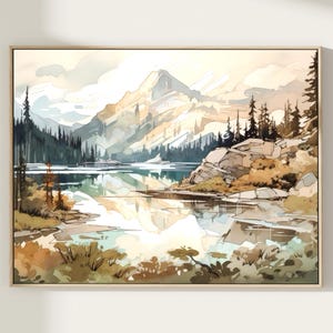 Rustic Mountain Lake Large Wall Art Nature Wall Decor Watercolor Painting Art Print Modern Mountain Home Decor Gift Art
