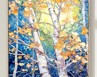 Impresión de acuarela de un árbol al atardecer: pintura de paisaje vibrante, arte natural