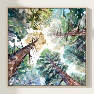Stampa artistica di pittura ad acquerello di foresta di pini, abeti verdi astratti, stampa di poster di foresta sempreverde verde naturale, regalo