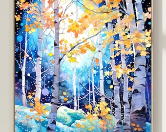 May include: A watercolor painting of a birch tree forest in the fall. The trees are white with black markings and have yellow leaves. The background is a blue sky with white dots.