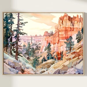 Puede incluir: Una pintura de acuarela de un paisaje de cañón con formaciones rocosas rojas y árboles verdes. La pintura está realizada en un estilo realista y presenta una variedad de colores, incluyendo tonos de rojo, naranja, amarillo, verde y azul.