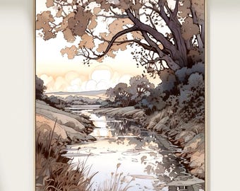 素朴な農家風水彩画プリント：穏やかな田園風景の壁掛けアート - Etsy 日本