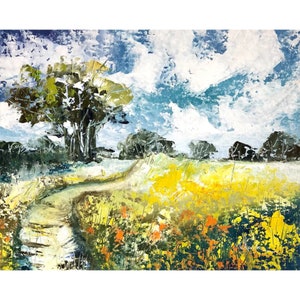 Wiese ORIGINAL Ölgemälde, Cottage Landschaft Malerei, Landschaft Sommer Bauernhaus Wanddekoration, Palettenmesser Malerei Original Art 8x10