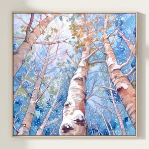 Pintura artística de árboles de álamo temblón, bosque de álamo temblón de invierno, impresión artística de acuarela, arte de pared de árboles de abedul, decoración