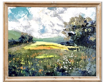 Pintura al óleo ORIGINAL del prado, pintura del paisaje de la cabaña, decoración de la pared de la granja del verano del campo, pintura del cuchillo de paleta arte original 8x10