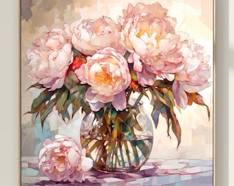 Peonías rosa pálido en acuarela, arte floral romántico para pared, decoración estilo cottagecore para el hogar.