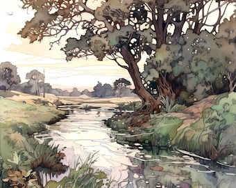 Country Landscape Print, Farmhouse Country River Painting