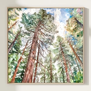 Stampa artistica di pittura ad acquerello di foresta di pini, abeti verdi astratti, stampa di poster di foresta sempreverde verde naturale, regalo
