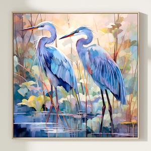 Stampa artistica da parete raffigurante un airone azzurro – Elegante decorazione naturale con uccelli acquatici / Dipinto di airone per amanti degli uccelli / Decorazione per la casa con fauna selvatica costiera