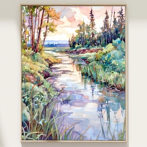 Summer Landscape Painting, Unique Watercolor Print, River Wall Art, Home Decor Gift