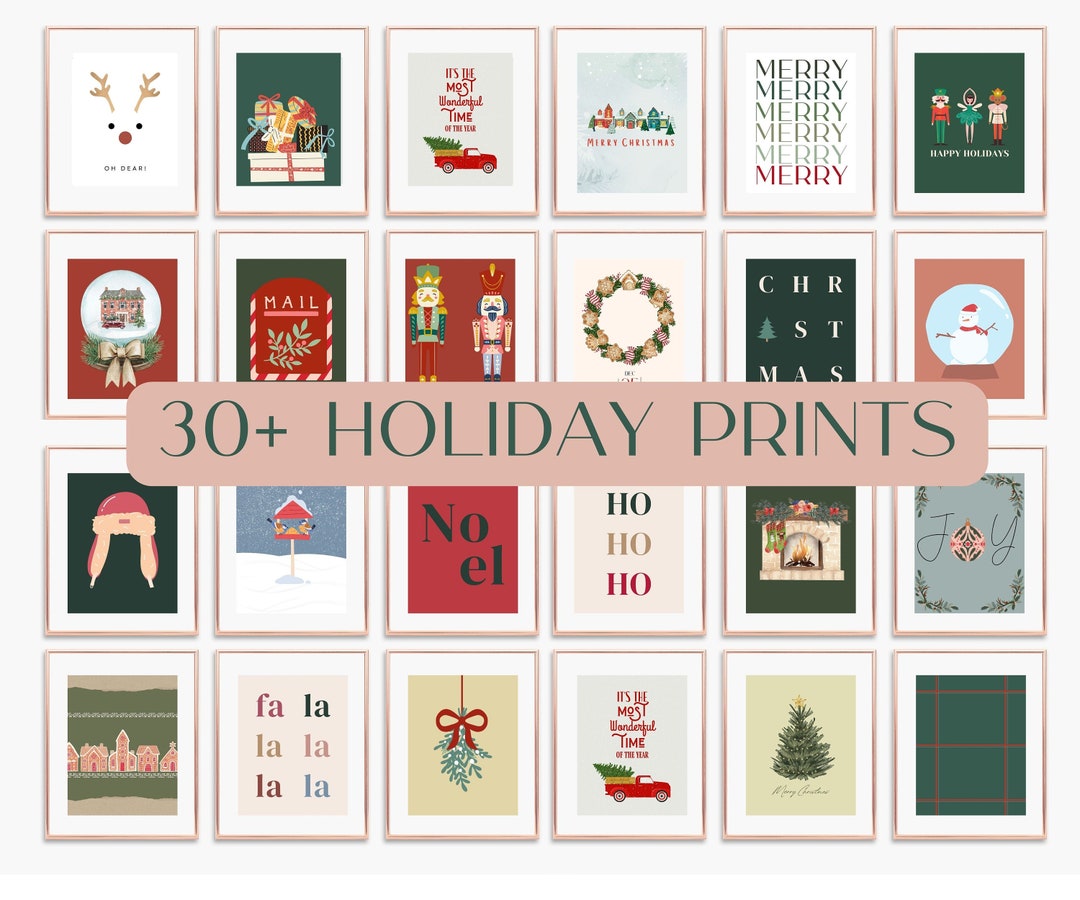 Set of 30 Christmas Gallery Holiday Prints, Holiday Decor Wall Art