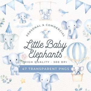 Kleiner Elefant Aquarell Clipart, Baby Elefant mit Ballons PNG, süße Baby Jungen Decke, blaue Babyparty, unsere kleine Erdnuss-Einladung