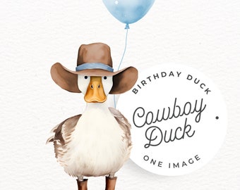 Cowboy Birthday Duck Clipart, SINGLE IMAGE, Cowboy Hat, One Lucky Duck Invite, Baby Boy Party Theme, Mallard Duck Balloon Invitation