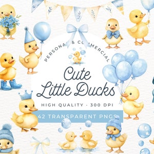 Gelbe Ente Clipart, blaue glückliche Enten-Geburtstag PNG, Gummiente Clipart, Ente mit Ballon, niedliche Enten Clipart, Baby-Dusche-Ente einladen