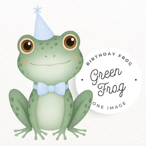Puede incluir: Ilustración en acuarela de una rana verde con un gorro de fiesta azul claro y una pajarita. La rana tiene ojos marrones y está sonriendo. Un círculo blanco con el texto "Birthday Frog Green Frog ONE IMAGE" está a la derecha.