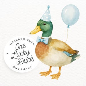 May include: A watercolour illustration of a mallard duck wearing a party hat and bow tie, holding a light blue balloon. The duck has green, brown, and yellow feathers. Text on the image reads "One Lucky Duck".