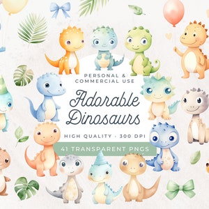 Clipart de dinosaurio en acuarela, lindo conjunto de imágenes prediseñadas de dinosaurio en acuarela para niños, dinosaurios kawaii para invitaciones de cumpleaños, decoración de guardería y baby shower