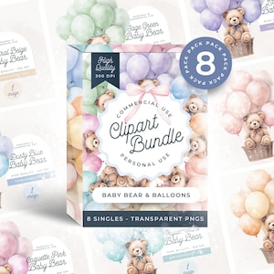 Paquete de imágenes prediseñadas de osito de peluche, MÁS VENDIDO, acuarela de osito de peluche y globo, baby shower, arte de pared para guardería, imágenes prediseñadas de osito y globos azules PNG
