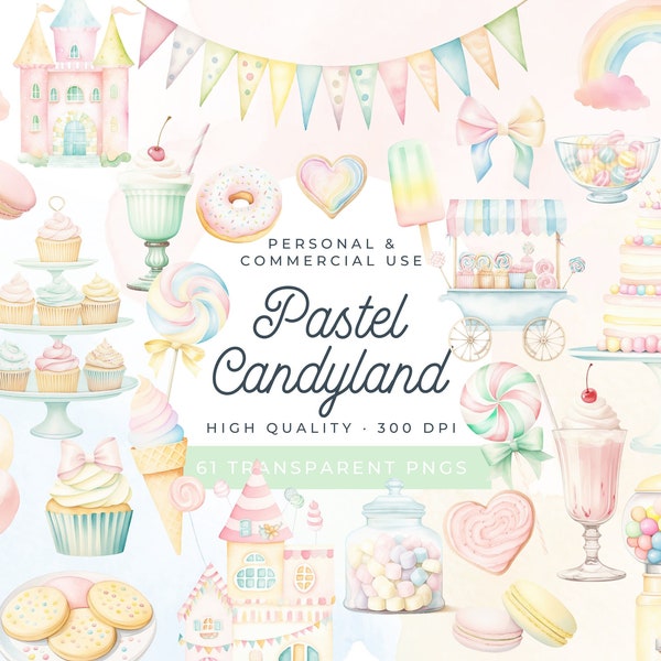 Pastel Candyland Clipart Set, Watercolor Sweets Clipart, Cake Pop Clipart, Candy Birthday, Pastel Sweets PNG, Cupcake, Pastries, Marshmallow