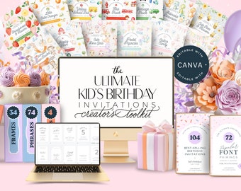 The Ultimate Kid&#39;s Birthday Invitations ~ Creator&#39;s Toolkit, Commercial Use, Canva Invite Template, PNG Clipart Bundle, SVG Frame Borders