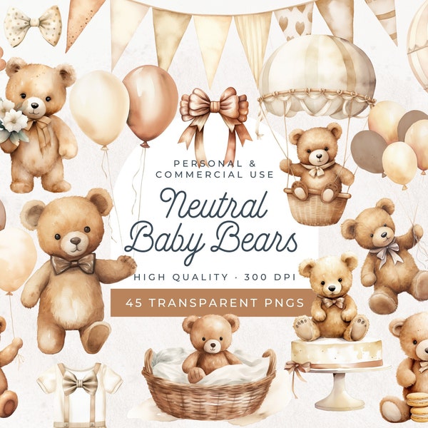 Neutral Teddy Bear Watercolor Clipart, Bearly Wait Baby Shower, Hot Air Balloon Teddy Bear, Cute Boho Bear, Baby Gender Reveal Invitation