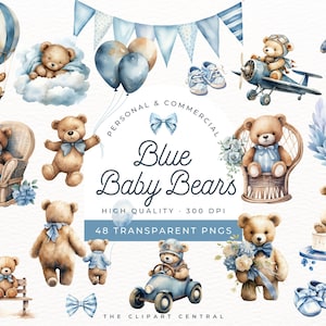 Clipart de aquarela de urso bebê azul, urso com balão azul, ursinho dormindo, balão de ar quente, aviador, pacote de clipart PNG, convite para chá de bebê