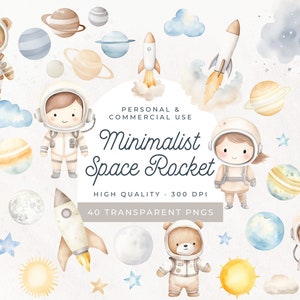 Clipart di razzi fuori dal mondo, set di tute spaziali ad acquerello, orsacchiotto astronauta, baby shower a tema spaziale, simpatico sole per bambini nello spazio PNG
