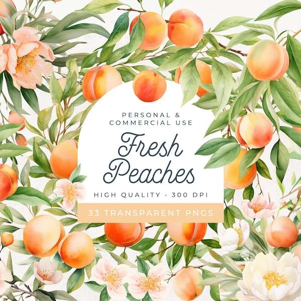 Watercolor Peach Clipart, Sweet Little Peach Baby Shower, Peaches Wreath, Spring Invitations, Fruit Clip Art, Peach Blossom PNG, Peach Tree