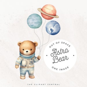 Chá de bebê astronauta PNG, IMAGEM ÚNICA, Ursinho de pelúcia e balões de planeta, Clip art de arte de berçário em aquarela, Convite de festa espacial de menino fofo