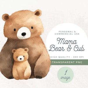 Mama Bear and Cub Watercolor Clipart, SINGLE IMAGE, Teddy Bear and Baby Clipart, Boho Bear Shower, Nursery Wall Art, Mama Bear Invitation
