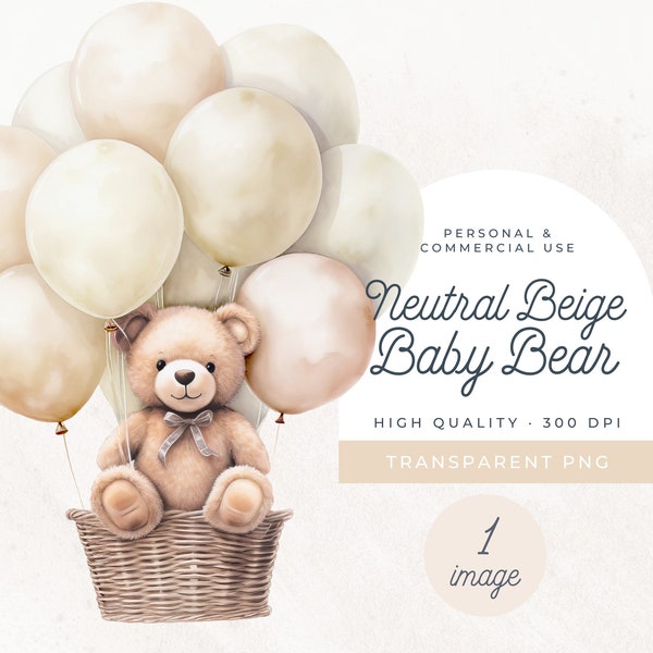 Bear In Basket PNG, Cute Bear Balloons Clipart, Watercolor Boho Baby Bear PNG, Hot Air Balloon Teddy Bear Clipart, Neutral Beige Baby Shower