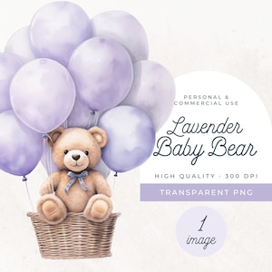 Pastelballonnen clipart png, ENKELE AFBEELDING, teddybeer in boho rieten mand, aquarel paarse lavendel clip arts, beer in heteluchtballon
