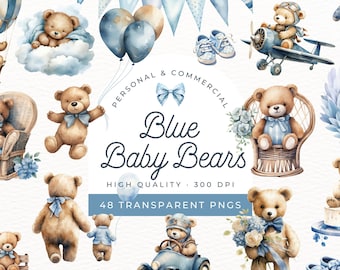 Blue Baby Bear Watercolor Clipart, Bear With Blue Balloon, Sleeping Teddy, Hot Air Balloon, Aviator, Clip Art PNG Pack, Baby Shower Invite