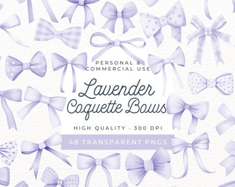 Watercolor Lavender Coquette Bows, Light Purple Ribbons Clipart, Cute Bow Tie, Gingham Polka Dots, Pastel Lilac Birthday, Soft Violet, PNG