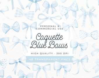 Watercolor Blue Bow Clipart, Bridal Shower Invitations, Coquette Bachelorette Party Invite, Aesthetic Blue Ribbon Poster, Girl Clip art PNG