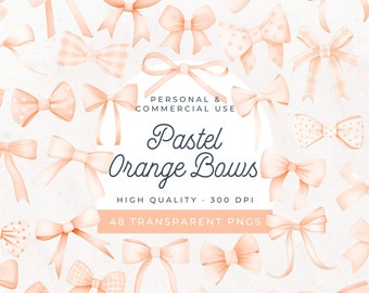 Pastel Orange Coquette Bows, Soft Peach Watercolor Ribbons Clipart, Cute Minimalistic Bow Tie, Gingham Clip Art PNG, Scrapbook, Junk Journal