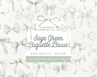 Sage Green Coquette Bow Set, Pastel Watercolor Ribbons Clipart, Cute Digital Planner Bow, Baby Boy Shower, Gingham Clip Art PNG, Polka Dots