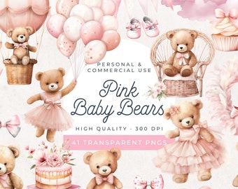 Clipart de acuarela de oso bebé rosa, baby shower de niña boho rosa, clipart de globos de osito de peluche, baby shower de We Can Bearly Wait, invitación de oso rosa